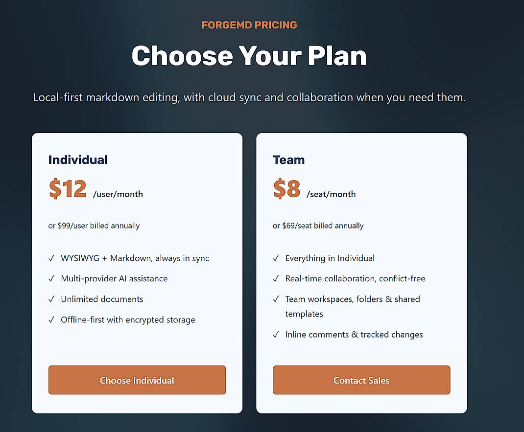 Pricing screenshot