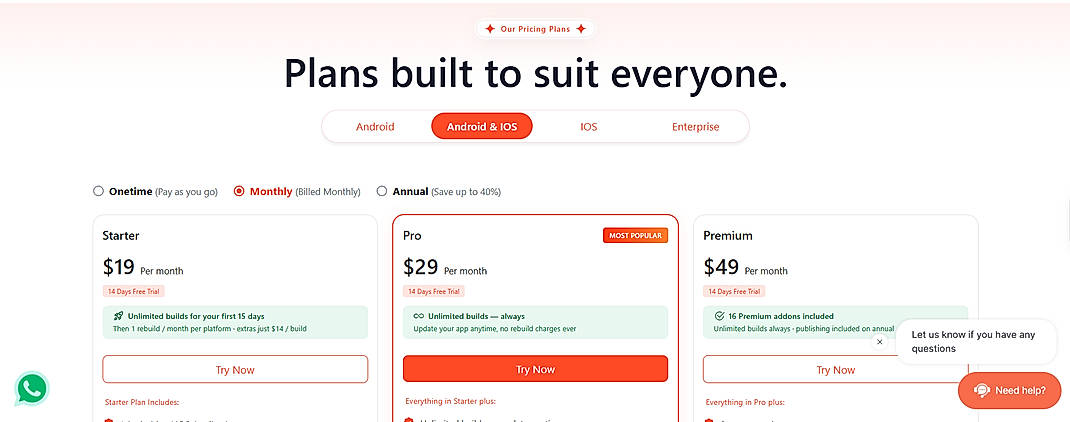 Pricing screenshot