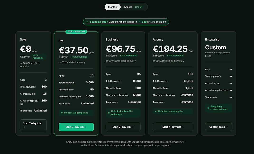 Pricing screenshot