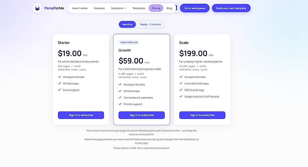 Pricing screenshot