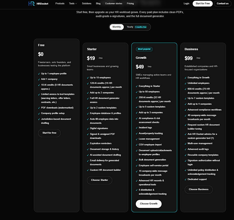 Pricing screenshot