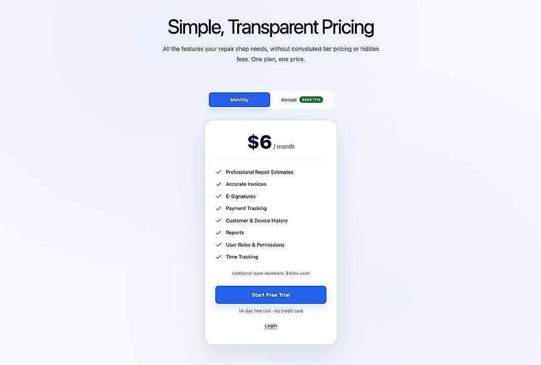 Pricing screenshot