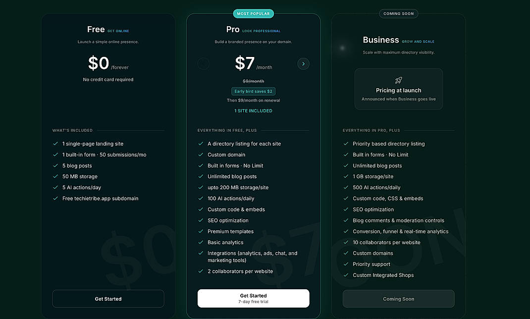 Pricing screenshot