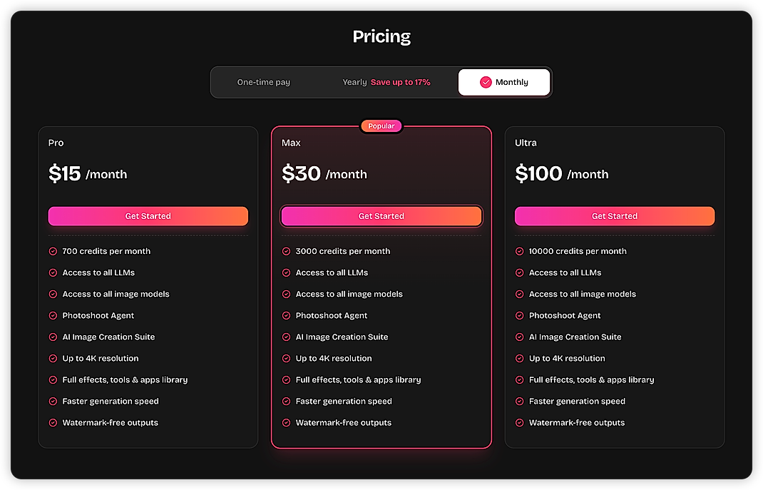 Pricing screenshot