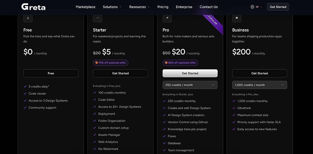 Pricing screenshot