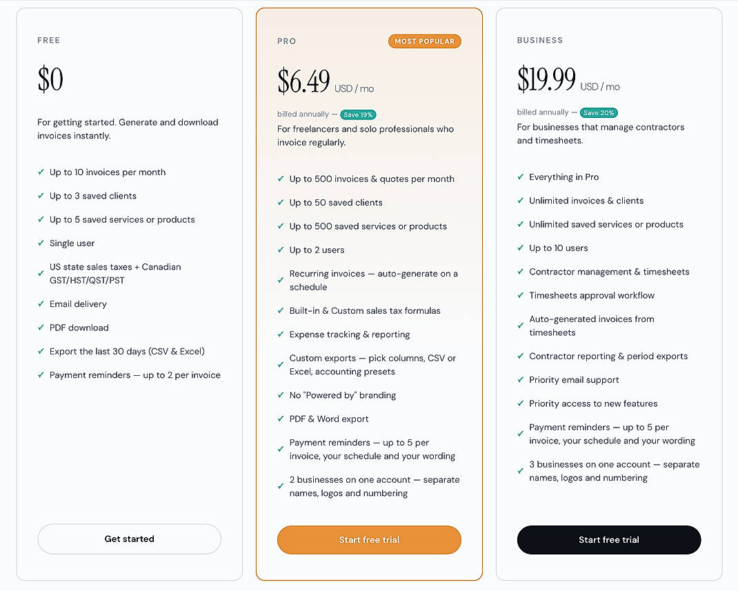 Pricing screenshot