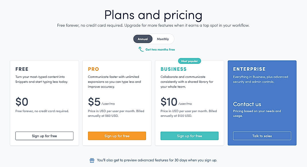 Pricing screenshot