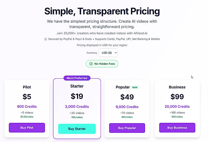 Pricing screenshot