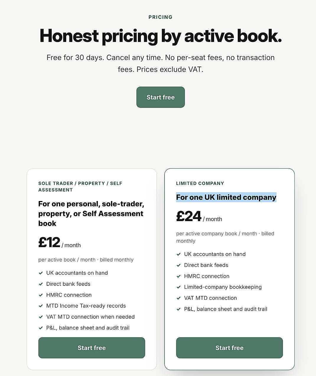 Pricing screenshot