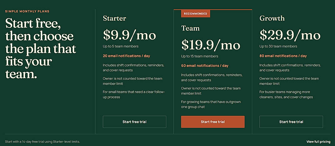 Pricing screenshot