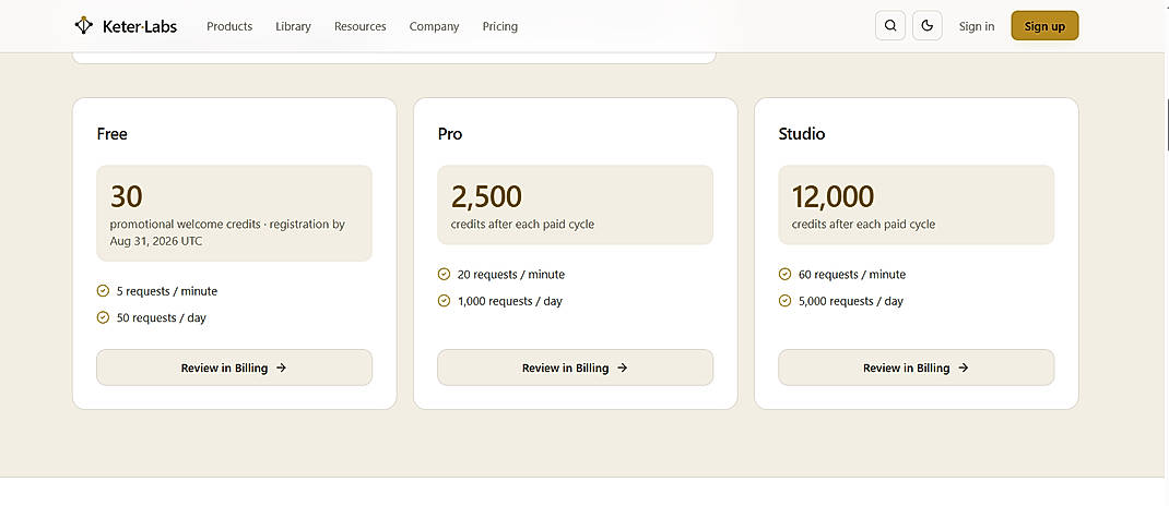 Pricing screenshot