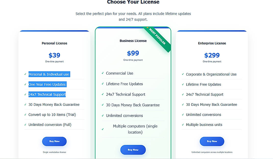 Pricing screenshot