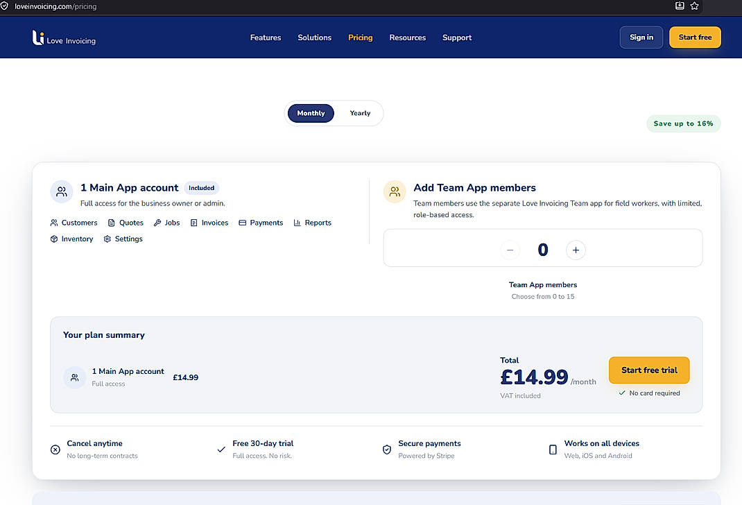 Pricing screenshot