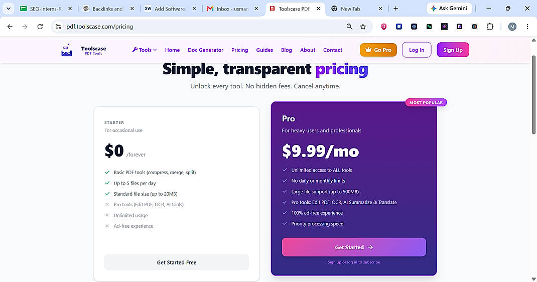 Pricing screenshot