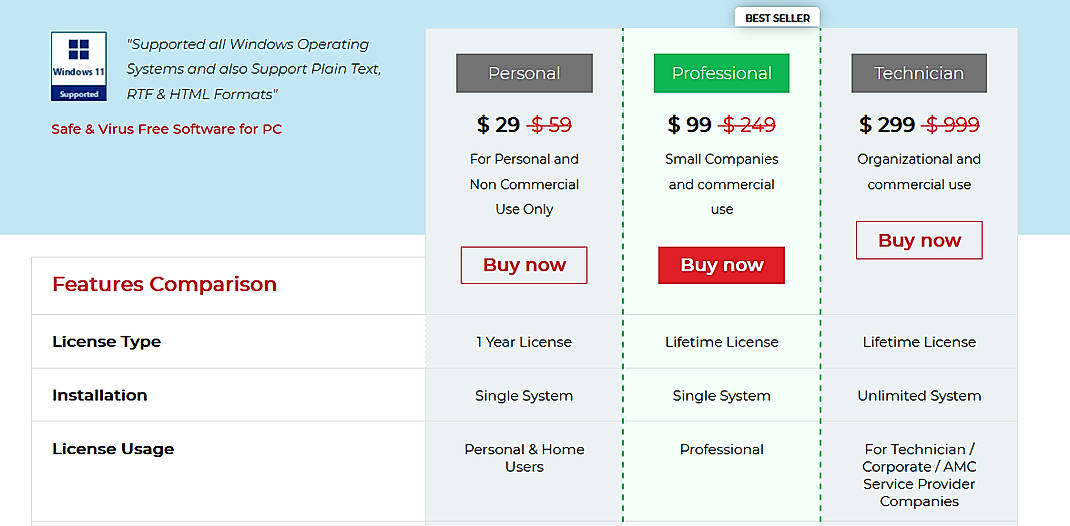 Pricing screenshot