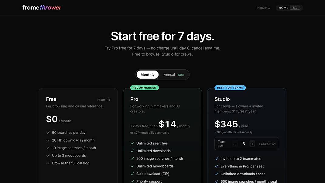 Pricing screenshot