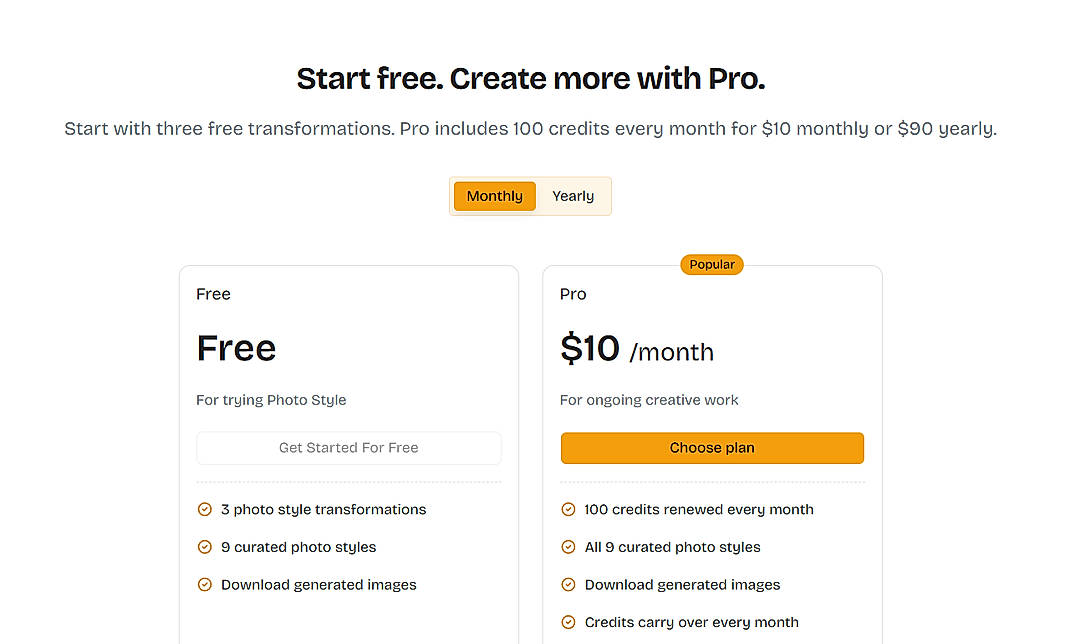 Pricing screenshot