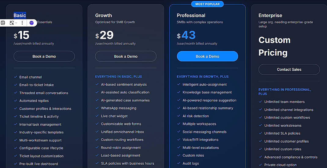 Pricing screenshot