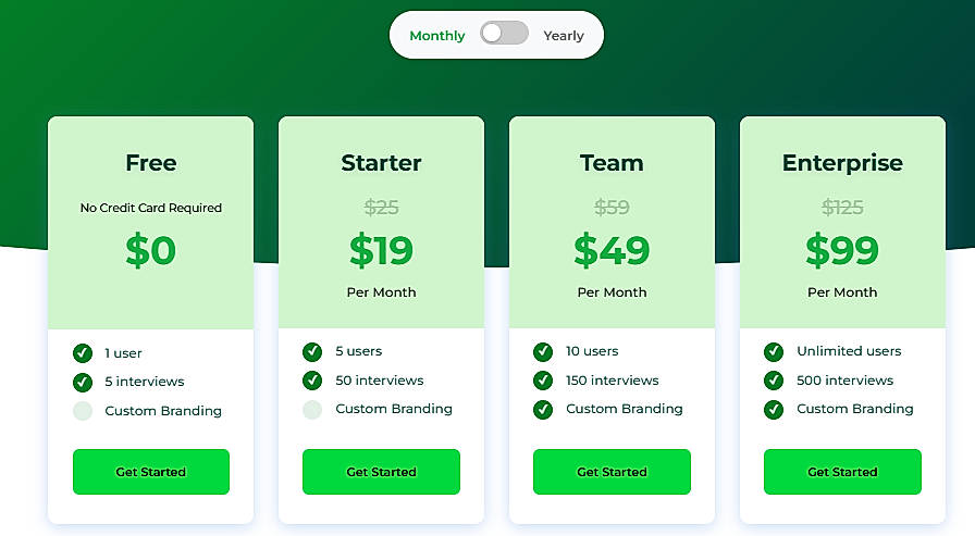 Pricing screenshot