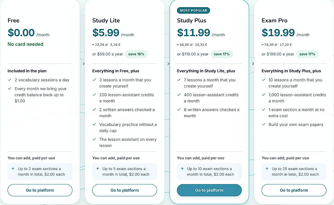 Pricing screenshot