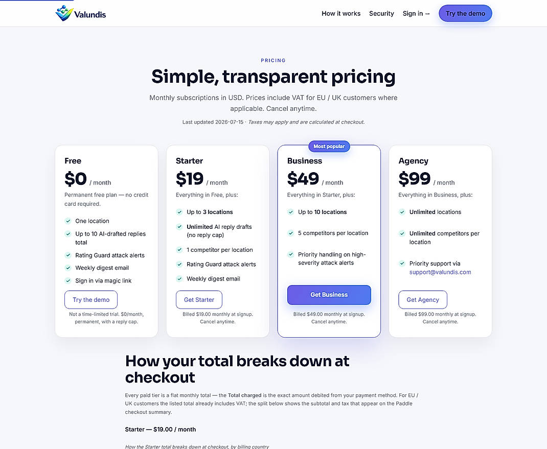 Pricing screenshot