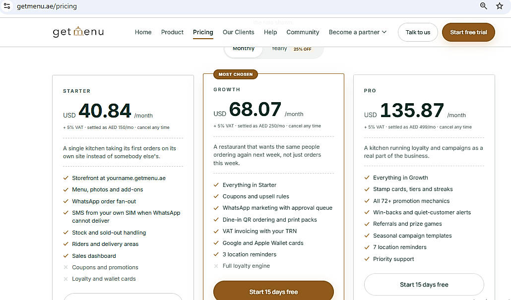 Pricing screenshot