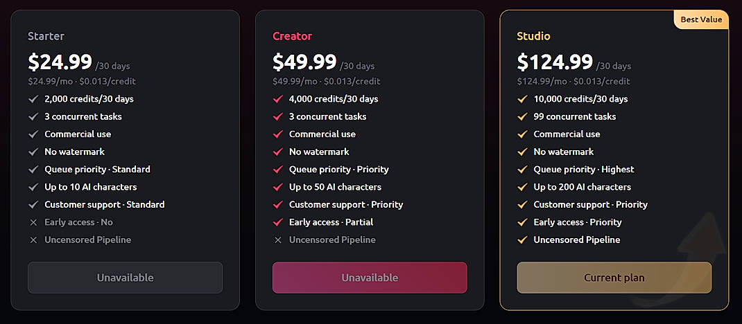 Pricing screenshot