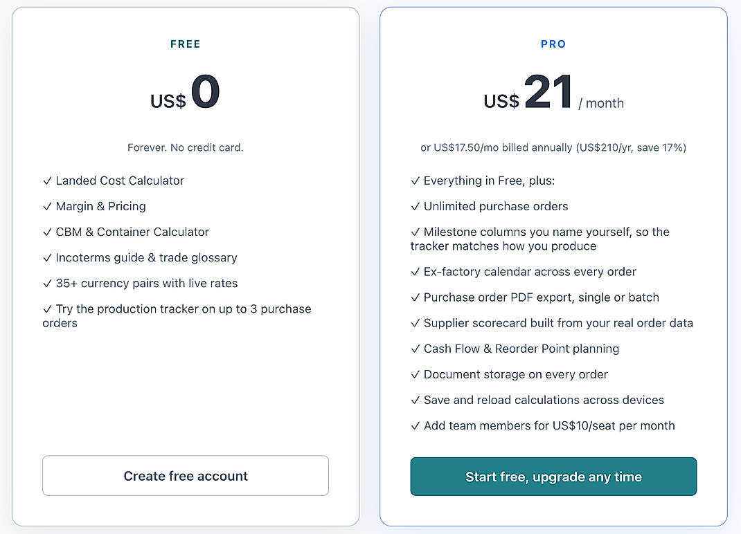 Pricing screenshot