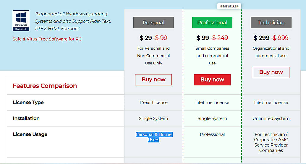Pricing screenshot