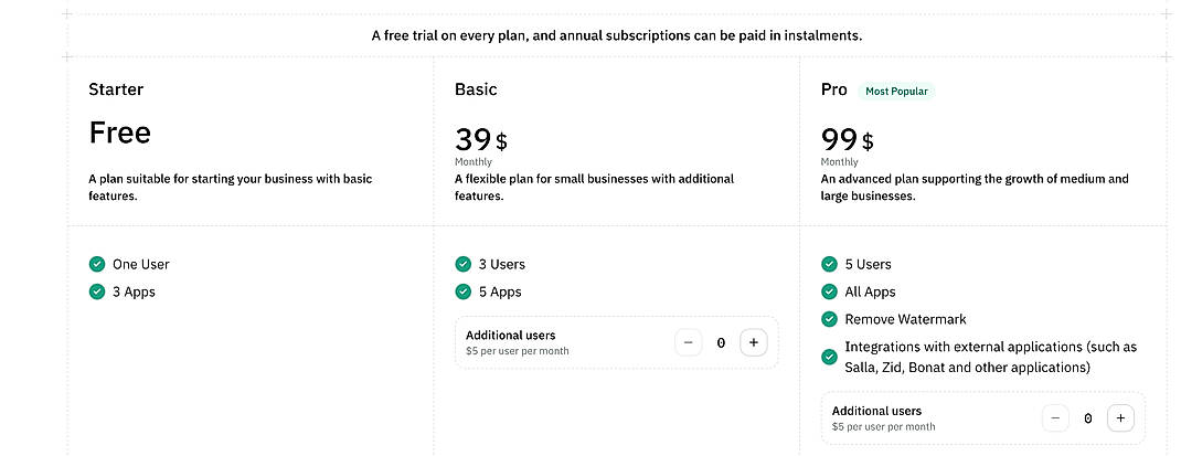 Pricing screenshot