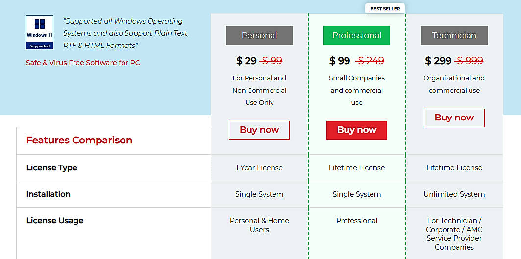 Pricing screenshot