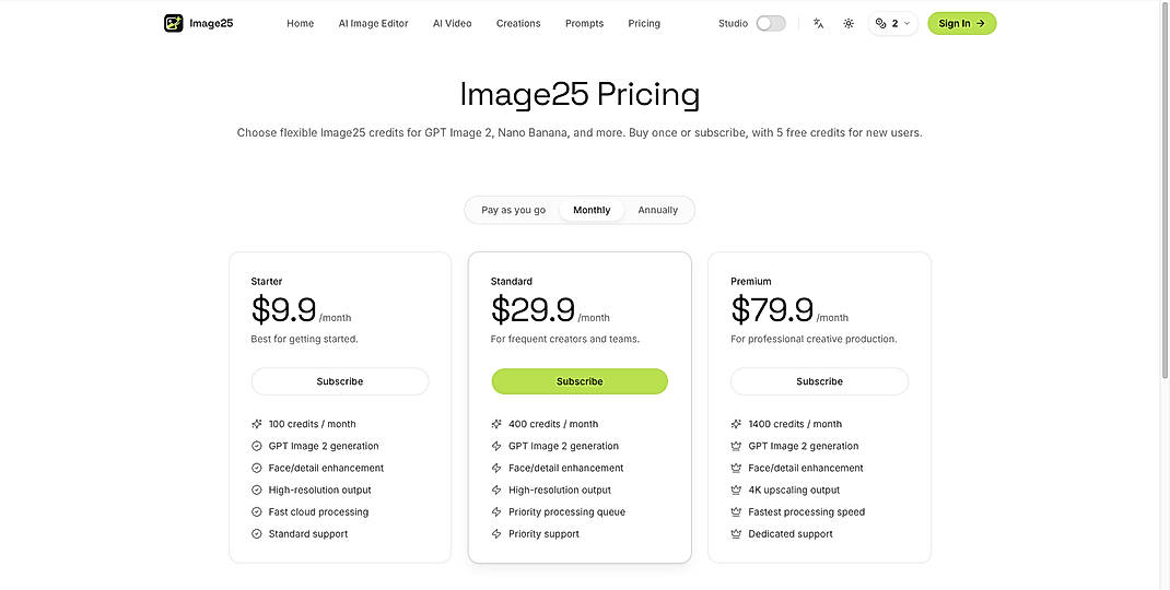 Pricing screenshot