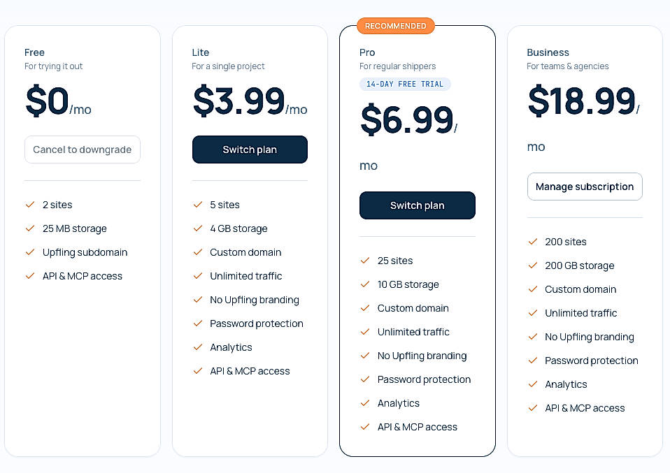 Pricing screenshot