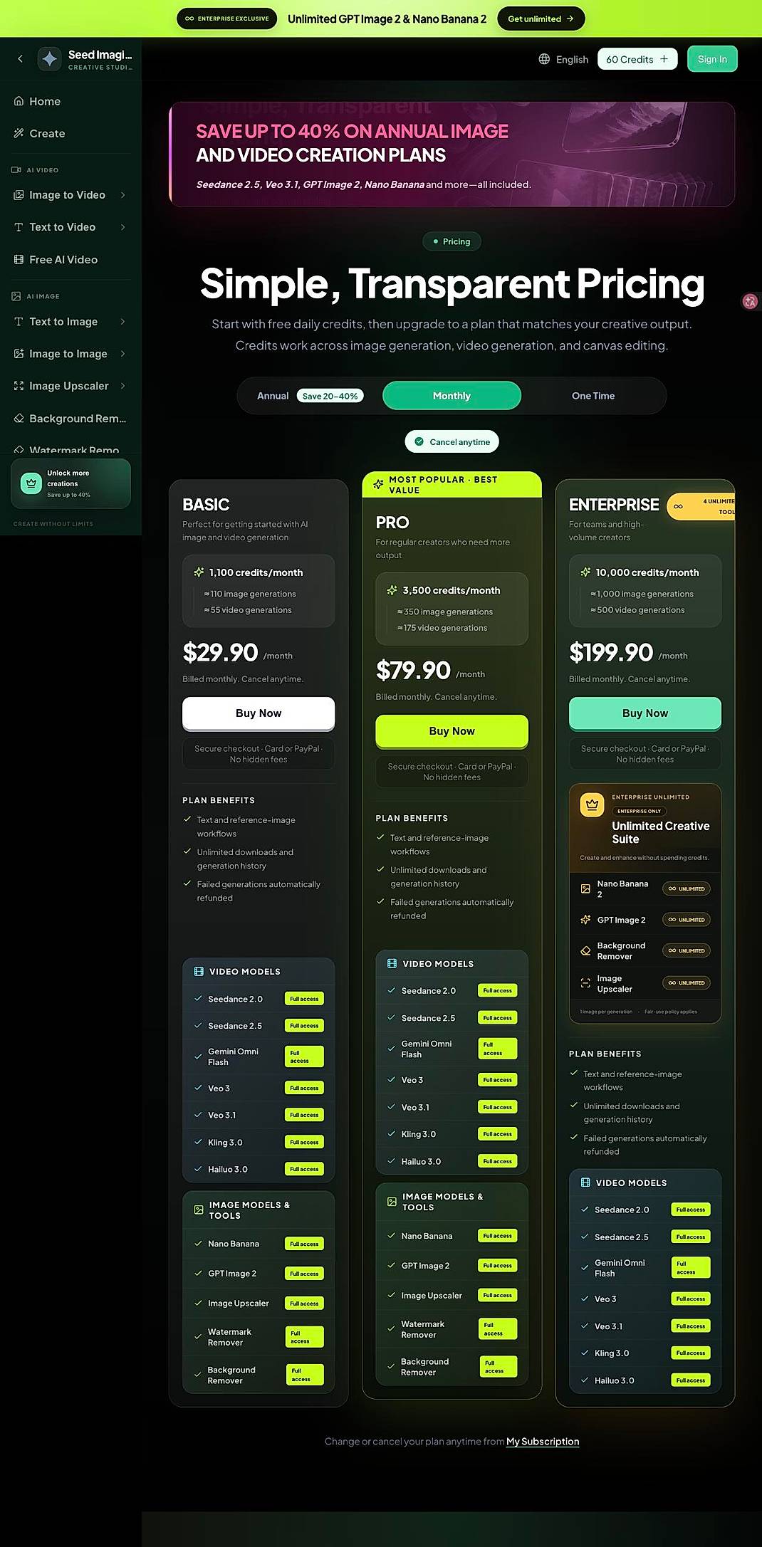 Pricing screenshot