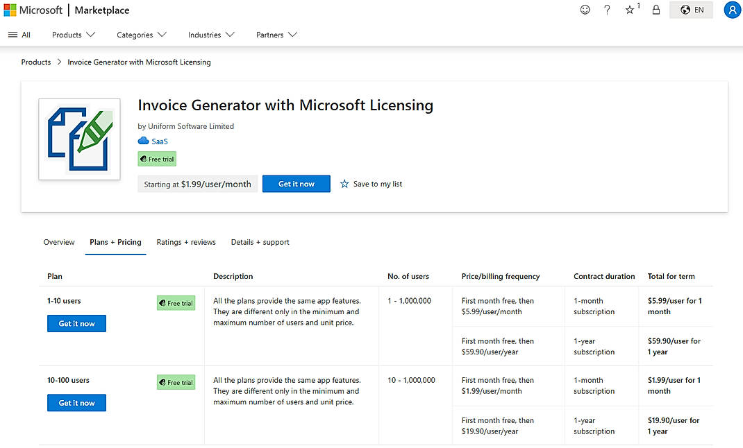 Pricing screenshot