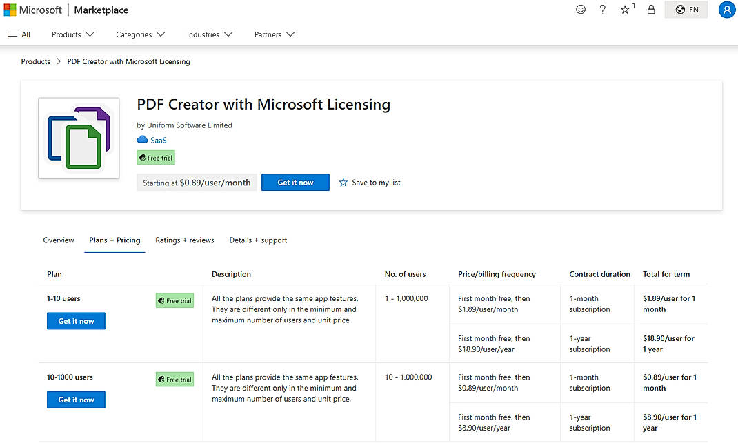 Pricing screenshot