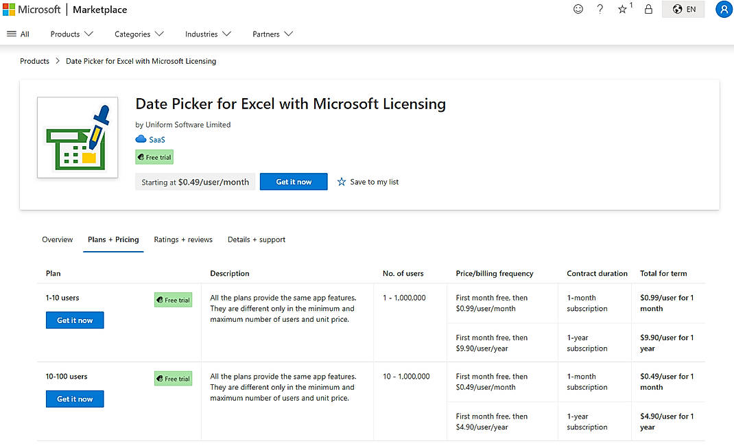 Pricing screenshot