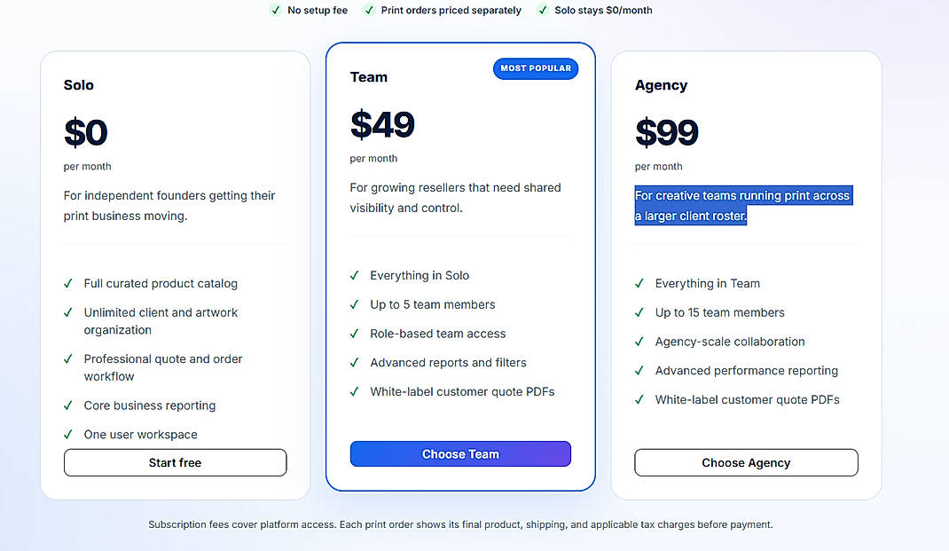 Pricing screenshot