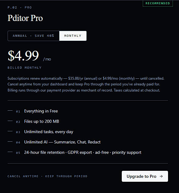 Pricing screenshot