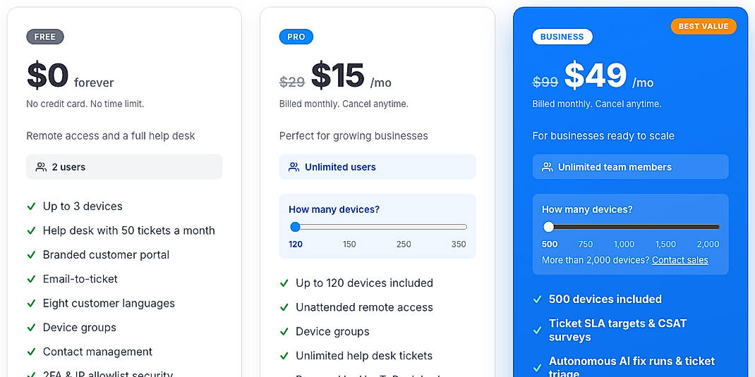 Pricing screenshot