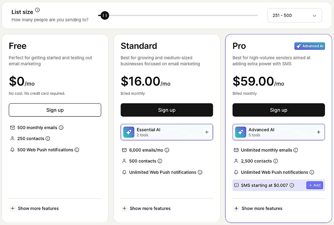 Pricing screenshot