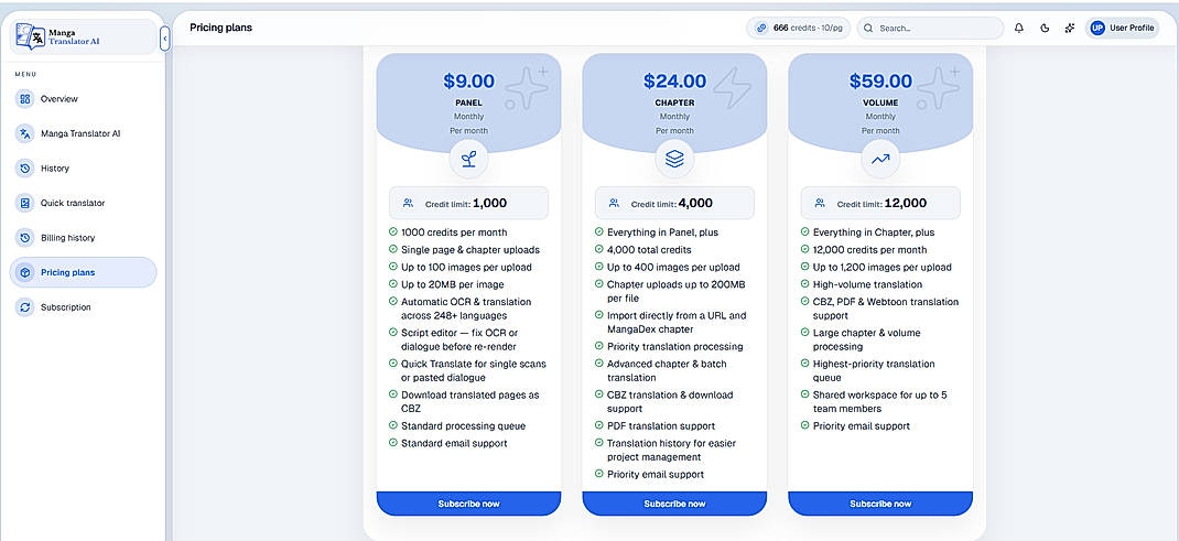 Pricing screenshot