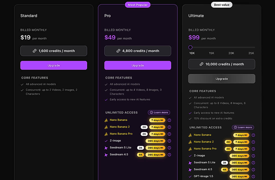 Pricing screenshot