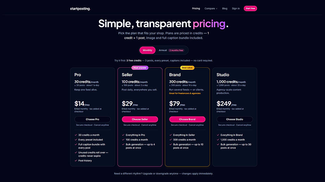 Pricing screenshot
