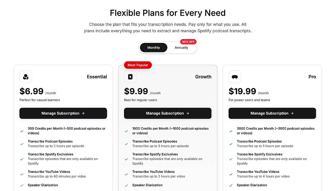 Pricing screenshot