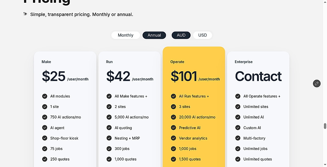 Pricing screenshot