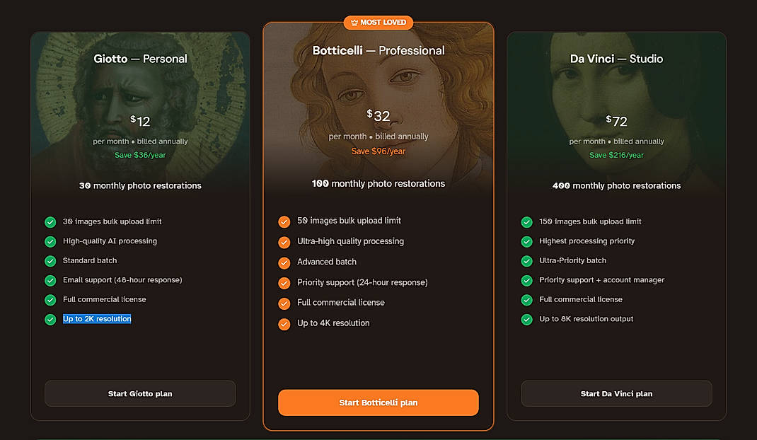 Pricing screenshot