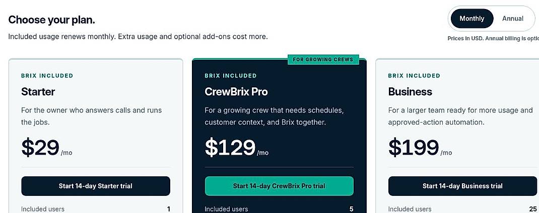 Pricing screenshot