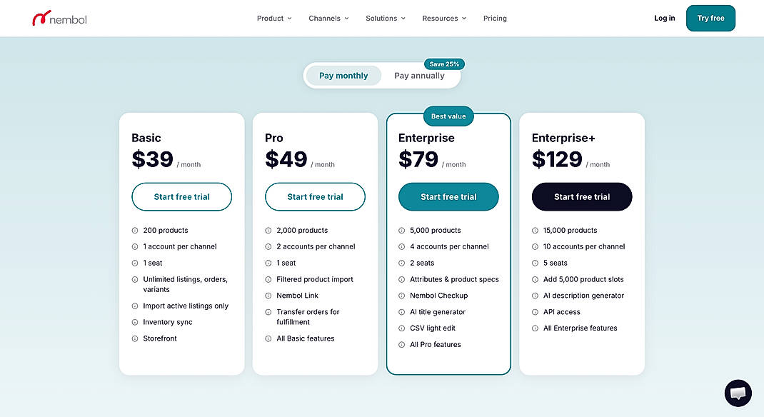 Pricing screenshot