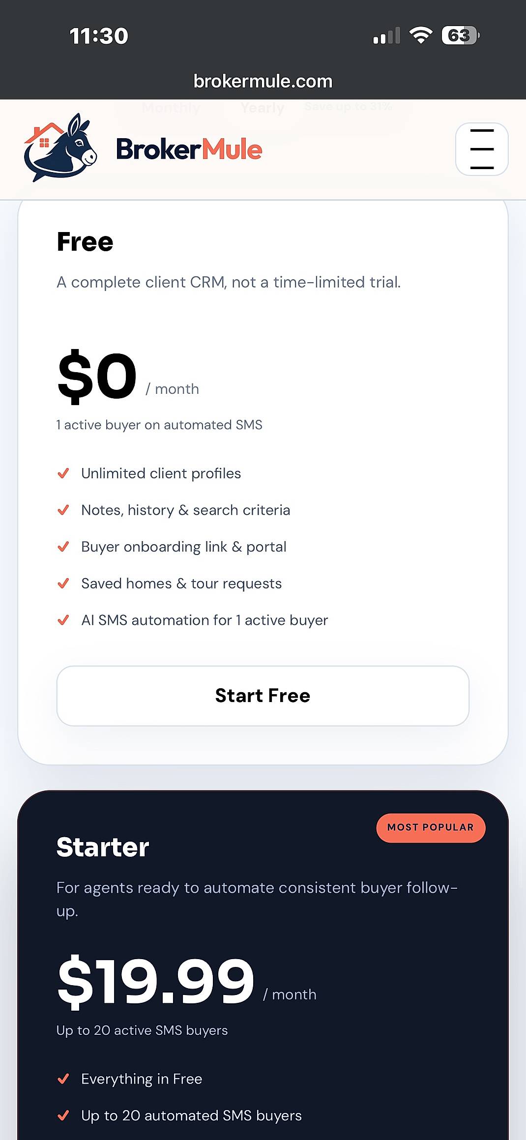Pricing screenshot